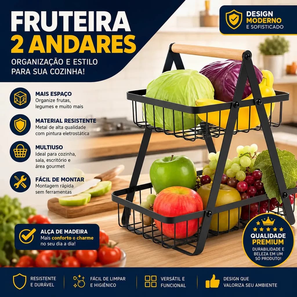 Fruteira de Mesa de Metal com Alça e 2 Níveis para Cozinha