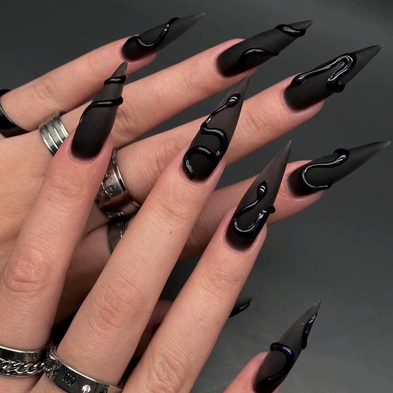 Unhas Postiças 3D Feitas à Mão, Estilo Gótico, Pretas com Efeito de Pele de Cobra