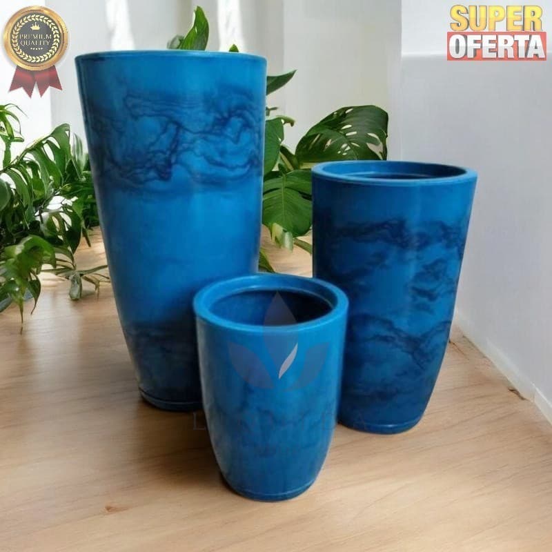 Conjunto 3 Vasos Cone Bojo Polido Marmorizado Premium Ornamental Polietileno Moderno Para Plantas Flores Varanda Jardim