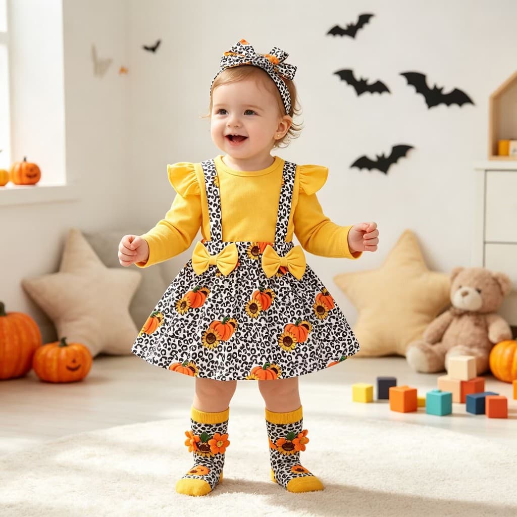 Meninas outono Halloween terno cor sólida manga comprida camiseta leopardo impressão cinta saia faixa de cabelo bebê ele