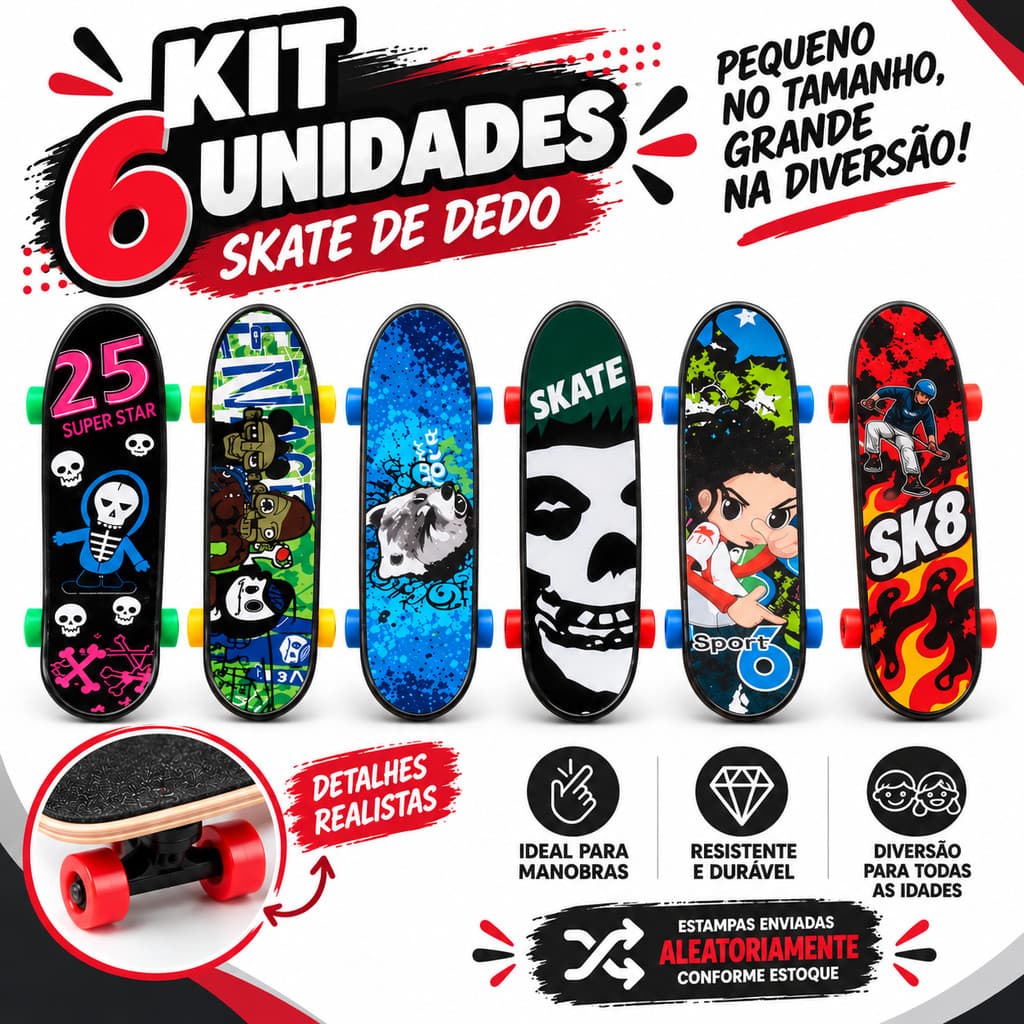 6 Skates de Dedo Mini Fingerboard Infantil Brinquedo para Manobras
