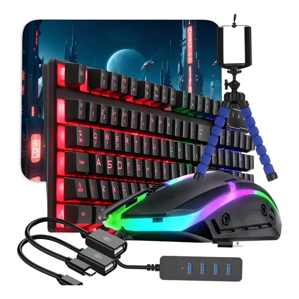 Kit Mobilador Para Celular Teclado Rgb Mouse Gamer Completo