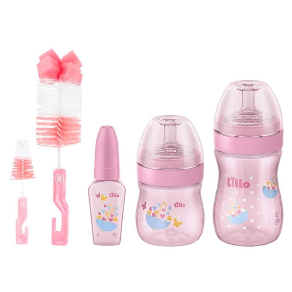 Kit 03 Mamadeira Primeiros Passos Evolution 50/150/240ml Rosa Lillo + Escovas de Lavar Mamadeira