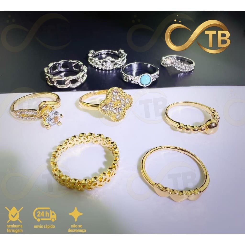 TB Moda Conjunto de 4 peças de Anel de eternidade infinito banhados a ouro e prata em aço inoxidável