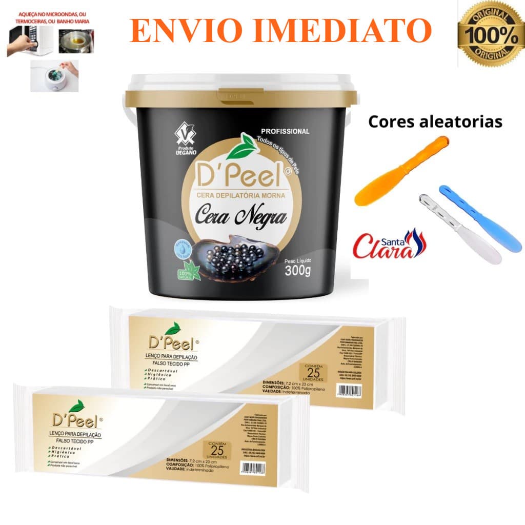 Kit Depilação Completo: Cera Hidrossolúvel Pote300g + 50 Lenços + Espátula Acrílica - Envio Imediato
