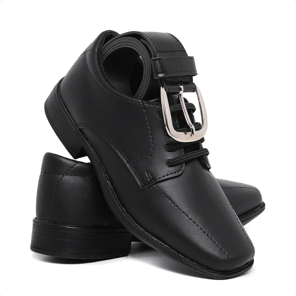 Kit Sapato Social Masculino Infantil Cinto Preto Conforto Bico Quadrado Pajem Casamento