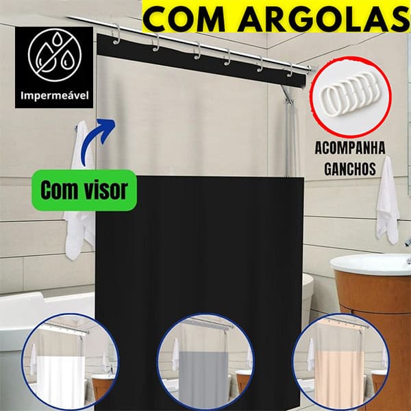 Cortina Box Banheiro C/ Visor Transparente Antimofo PVC C/ Ganchos