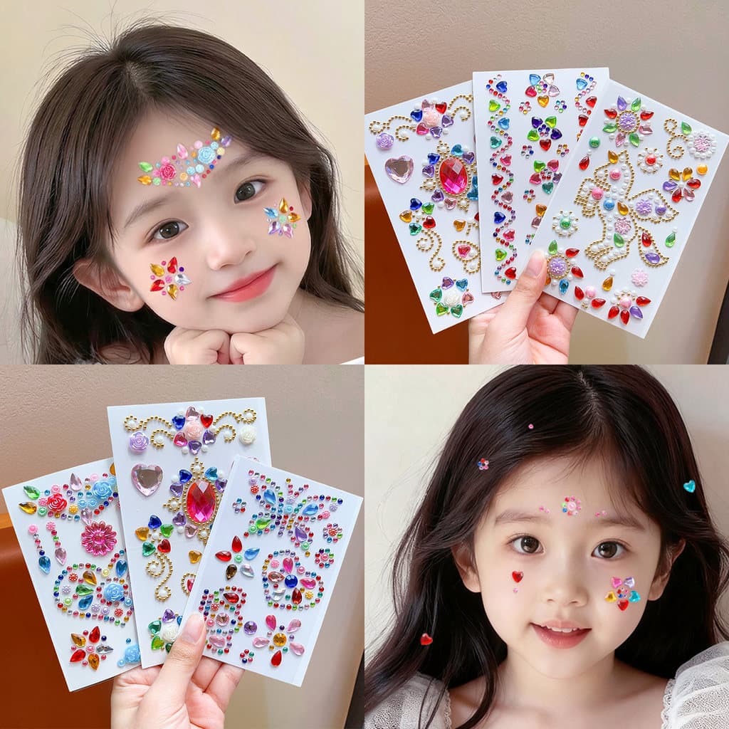 Estilo coreano crianças adesivos diamante brilhante strass amor menina desempenho de palco fada maquiagem princesa rosto