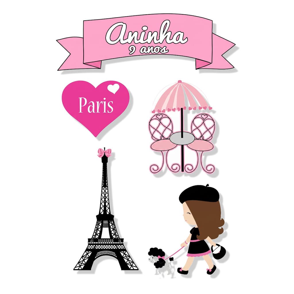 Topo Topper de Bolo Paris Menina Personalizado Nome Idade - QP4