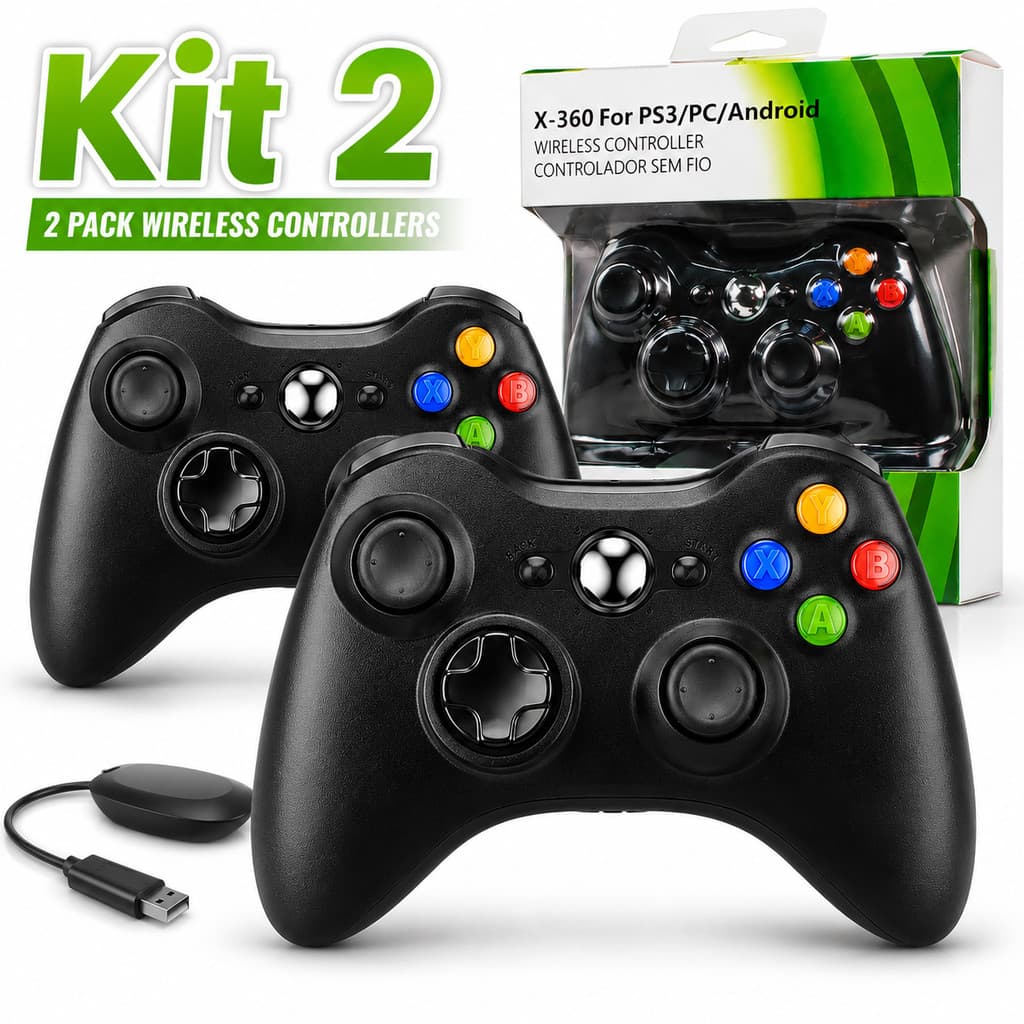 Kit 2 Controle Sem Fio 2.4G para Console 360 e PC com Joystick Gamepad Ergonômico