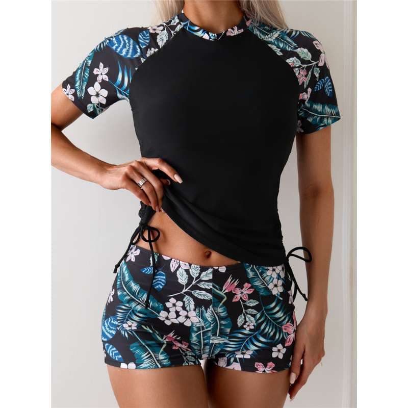 Novo maiô dividido feminino de manga curta com cordão lateral Boxer Tankini maiô de duas peças