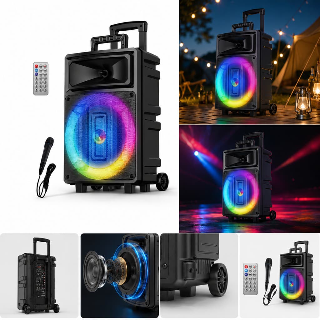 Caixa de som de 12 polegadas com rodas, equipada com iluminação RGB, Bluetooth, controle remoto e microfone ZQS12131