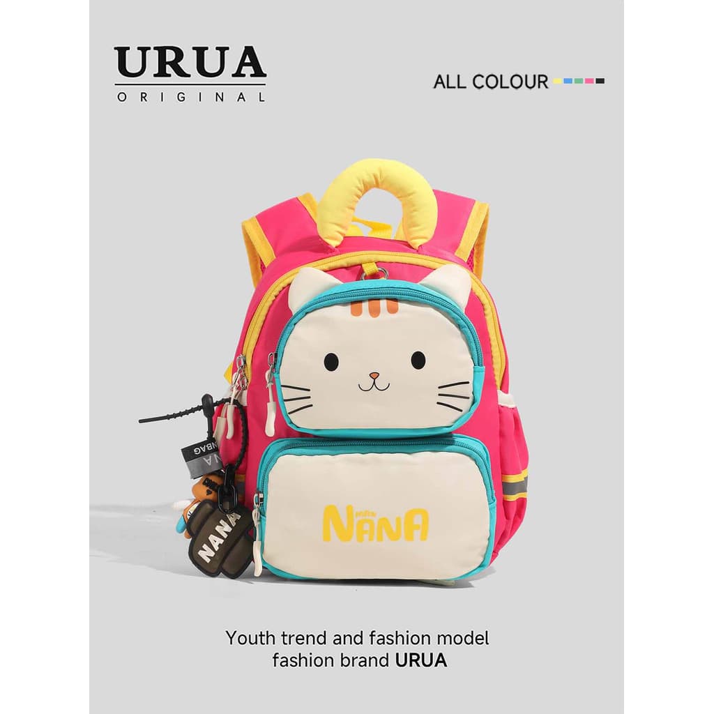 URUA rosa saco de escola do jardim de infância menina dos desenhos animados gato mochila crianças bonito Ultra-leve pass