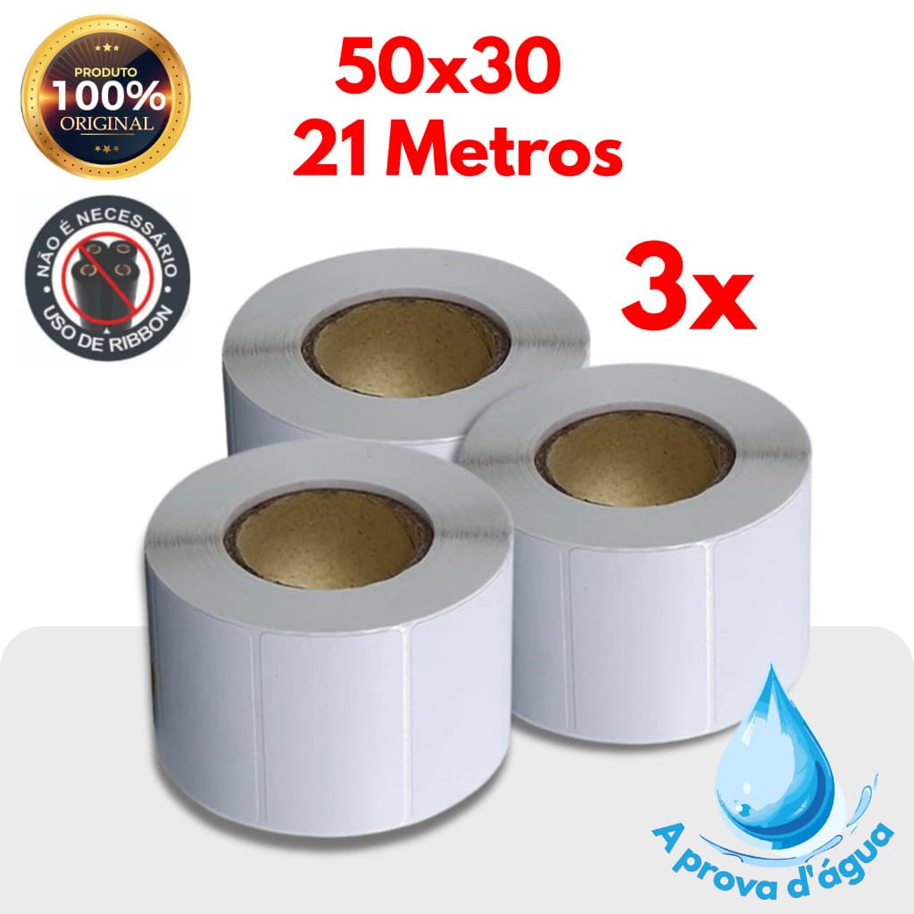 3 Rolos de etiqueta termica a prova d'água 50x30 21 metros