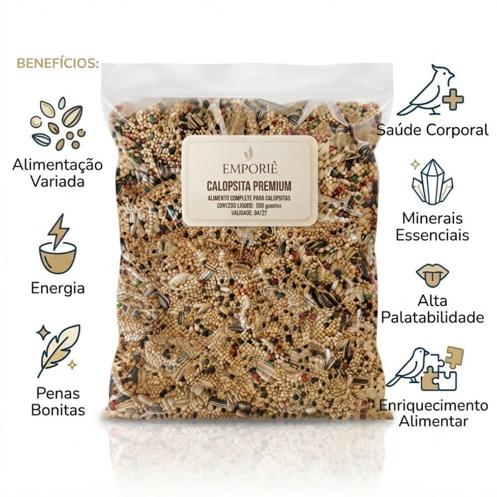 Ração Calopsita Premium 500g Alimento Completo com Grãos e Sementes Selecionadas