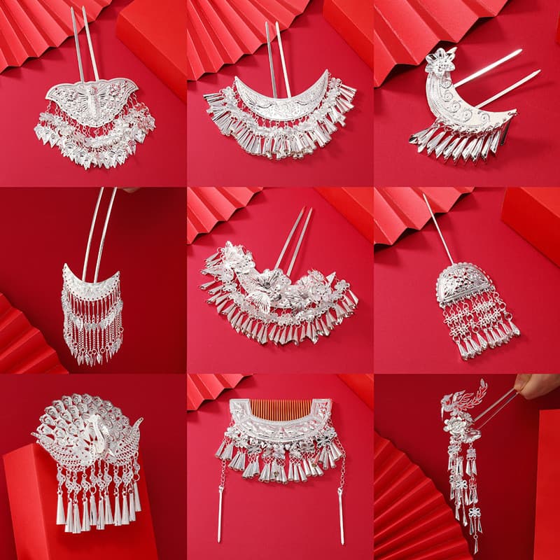 Março três minoria estilo étnico forte traje étnico prata cocar Tujia Miao família dança coro desempenho acessórios Hair