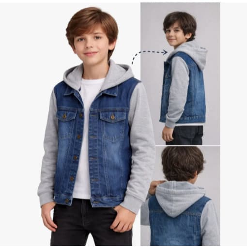 Jaqueta Jeans Com Moletom E Capuz Infantil E Juvenil. Flanelada nas mangas e Capuz. São bem quentinhas . Promoção