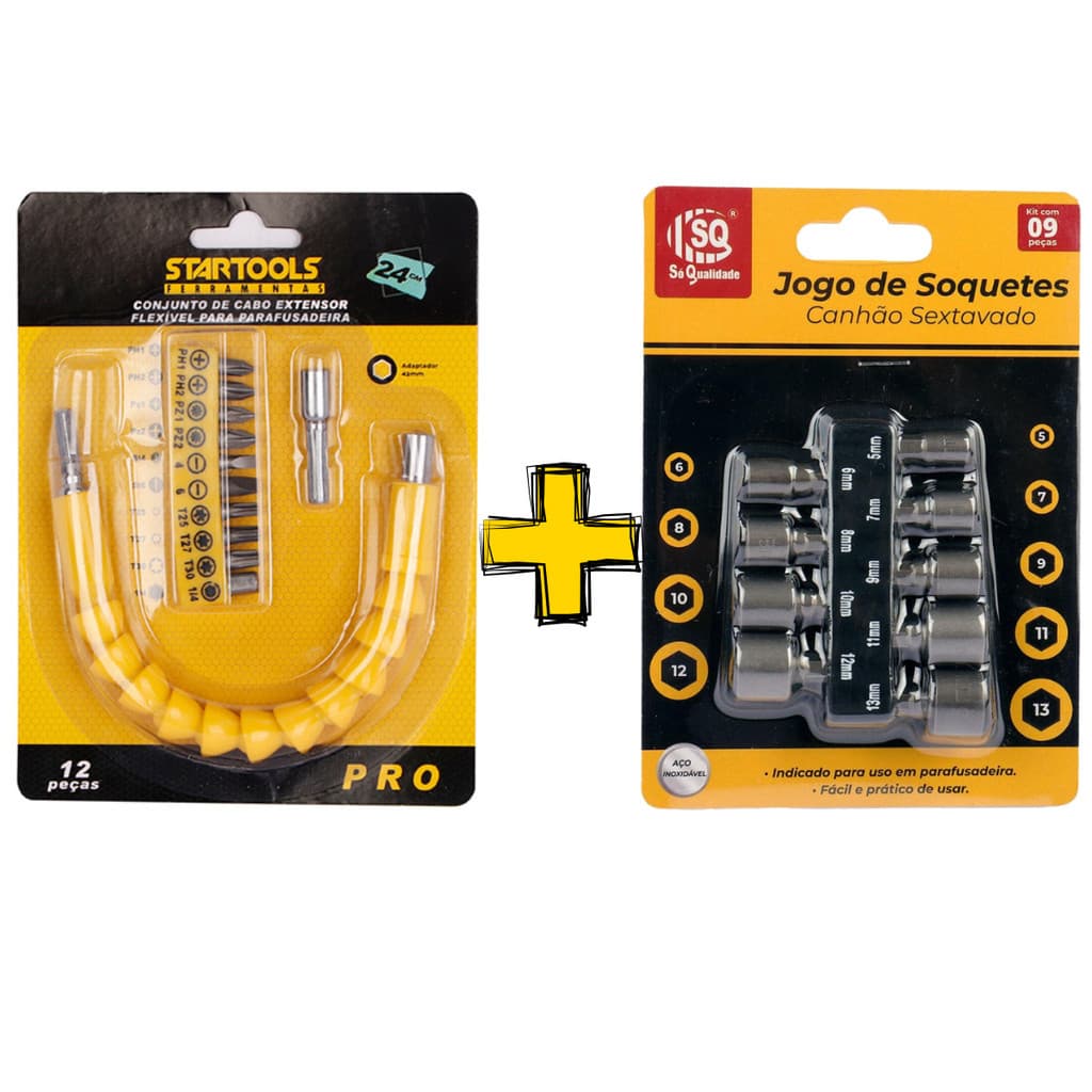 Kit Soquete 9 Peças 5 a 13mm + Extensor Flexível c/ 11 Bits p/ Parafusadeira, Furadeira