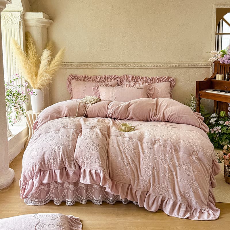 Inverno leite velo cama conjunto de quatro peças estilo princesa Coral velo colcha capa acolchoada engrossado cama saia