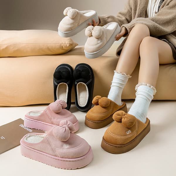 | slippers | ♚Chinelos de algodão novo estilo outono inverno interior casa arco sola grossa lã quente confortável Co☃