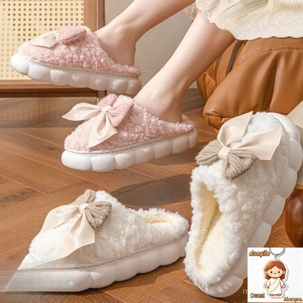 Chinelos De Pele Quente , Quentes De Inverno Para Casa De Estudante Salto Plano Antiderrapante Quarto Com Laço Fof