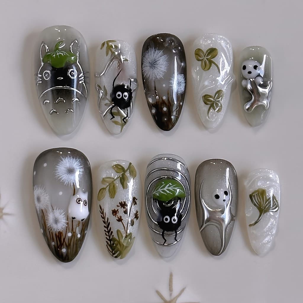 24 peças de unhas vestíveis em formato de amêndoa de comprimento médio estilo japonês estilo Mori pintado à mão desenho
