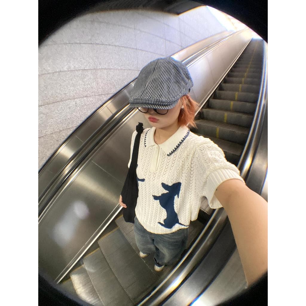 Americano Retro malha de manga curta verão filhote de cachorro Jacquard camisa polo camiseta solta preguiçoso Casual oco