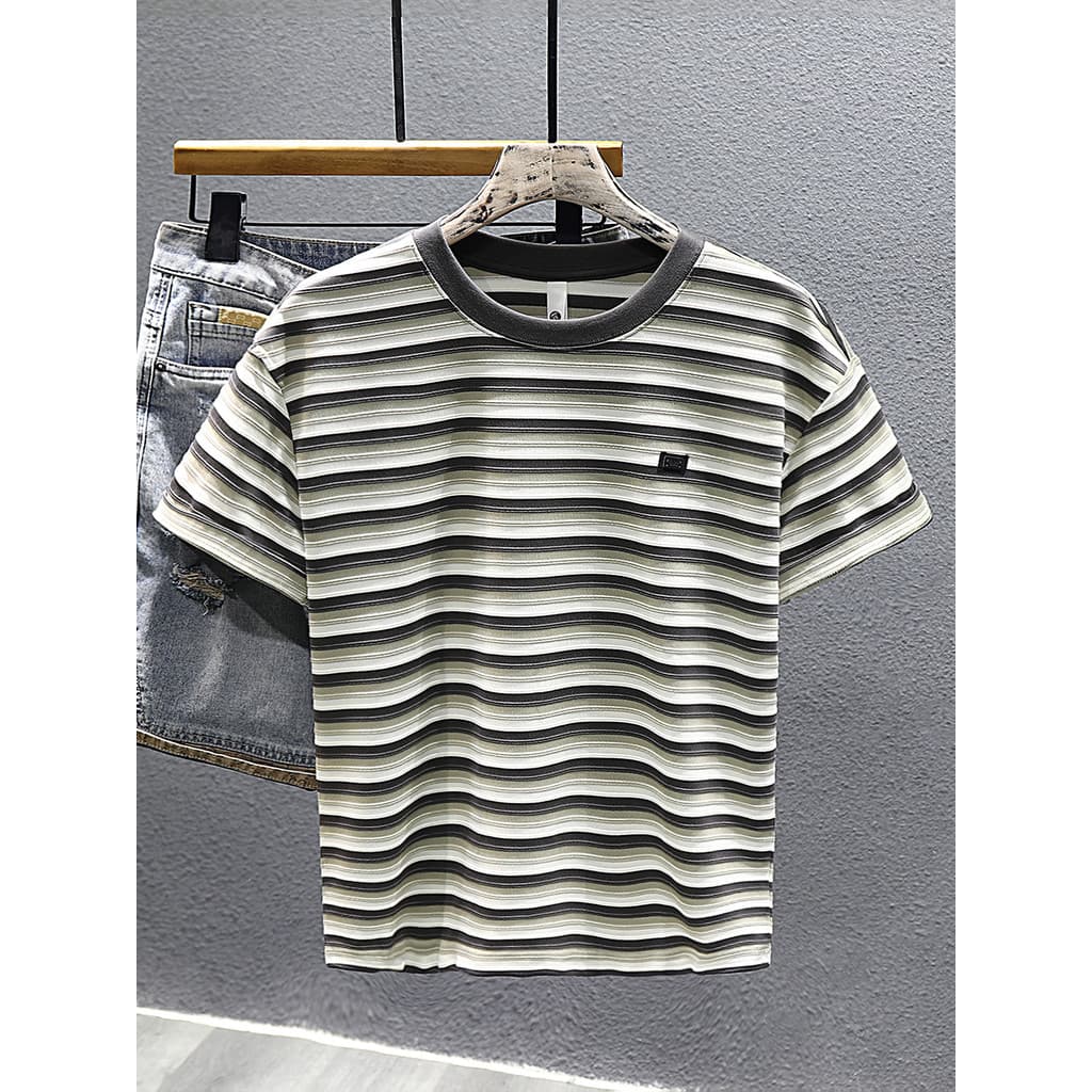 Verão novo estilo 2025 listrado camiseta de manga curta masculina topo tamanho grande ins Street Wear meia manga em torn