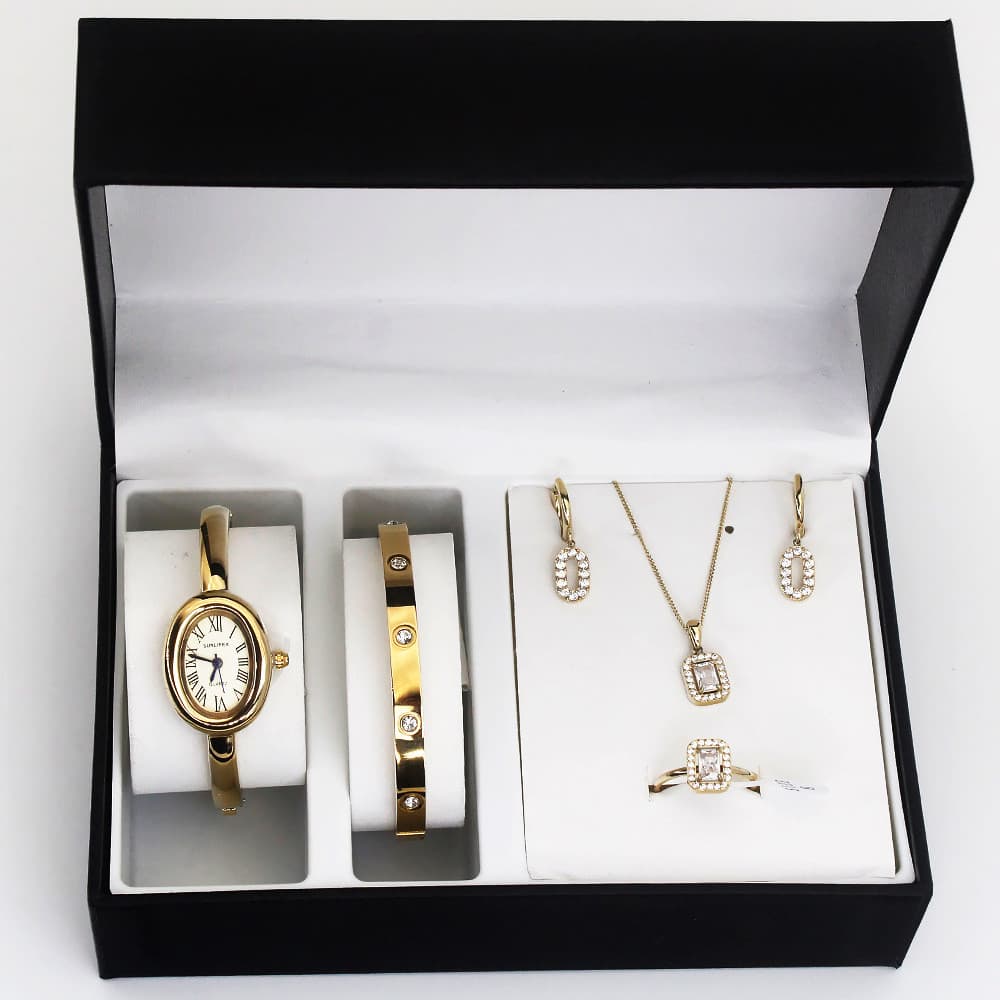 Comércio exterior senhoras relógio conjunto pulseira relógio feminino colar brincos anel caixa de presente relógio de pu