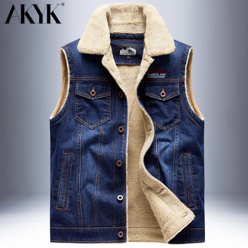 Outono inverno Denim colete masculino forro de lã engrossado solto tamanho grande colete quente lazer ao ar livre colete