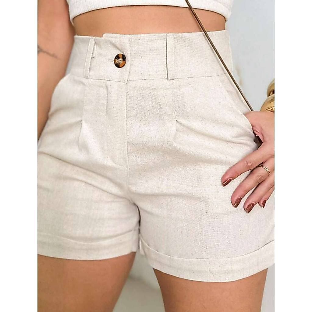 Short Linho Feminino Cintura Alta Bolso Faca Elegante Confortavel