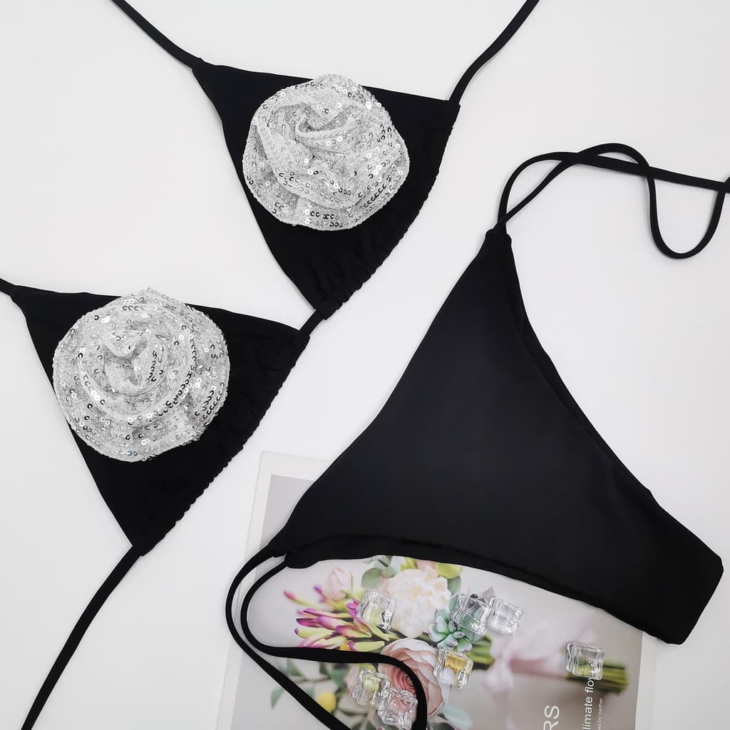 Maiô floral com lantejoulas para mulheres, biquíni de duas peças elegante.