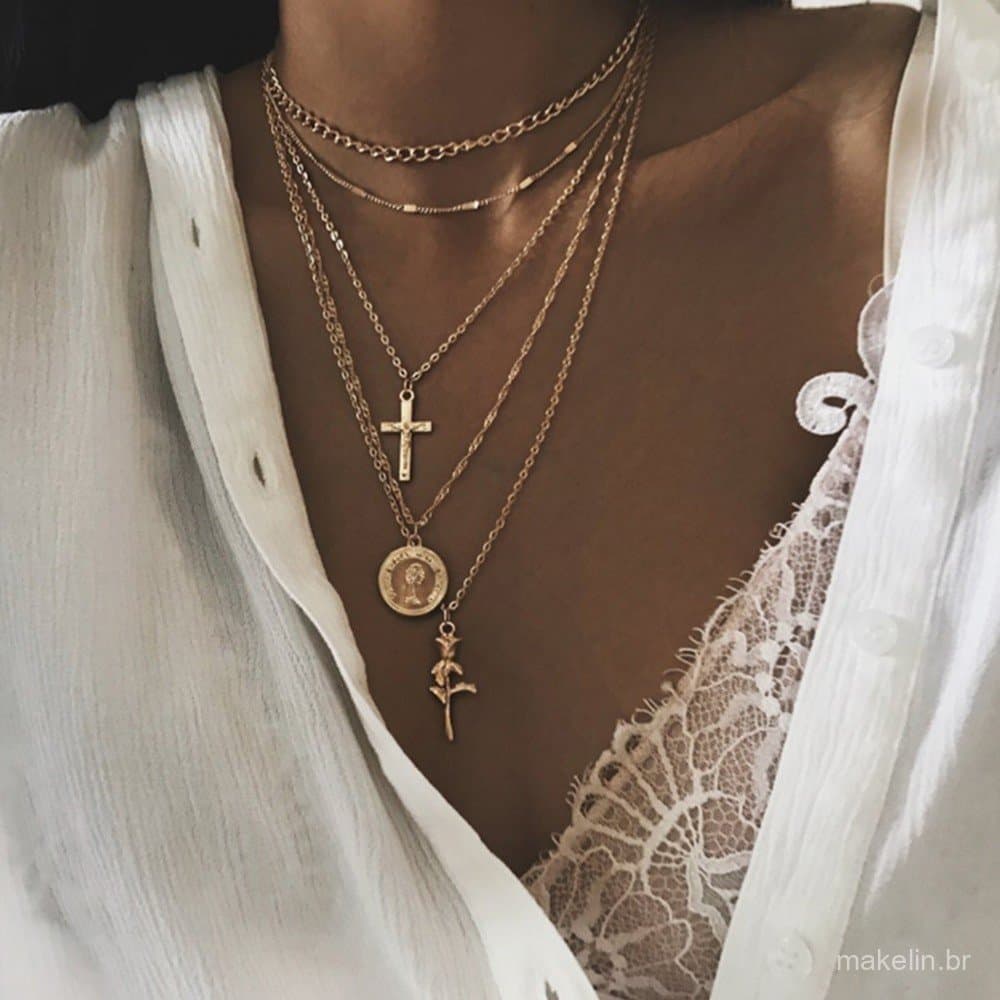 Novo Colar de Cruz Dourado em Camadas - Joia de Múltiplas Correntes para Mulheres, Presente para Festa, Moda ZEL1