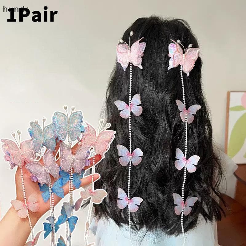 [hundr] 2 Peças De Grampos De Cabelo De Princesa Meninas Gaze Borboleta Pérola sel Trança Doces Crianças Festival Vestir