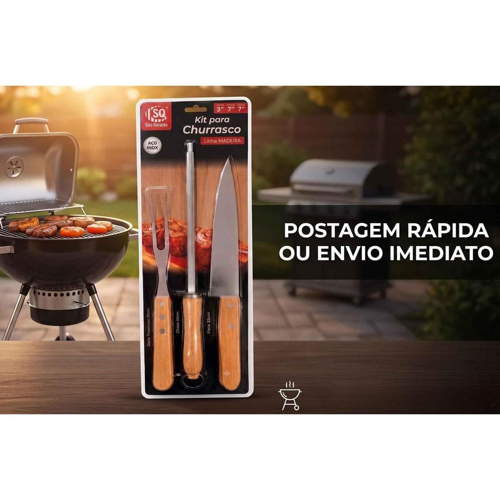 Kit Churrasco 3 Peças Inox Garfo Faca E Chaira