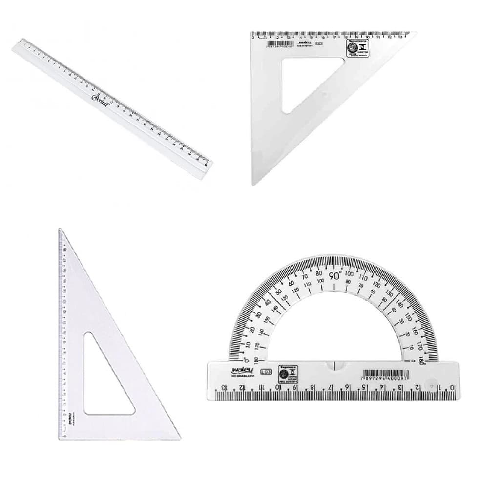 Kit Geometria 4 peças Régua Transferidor 180º Esquadros