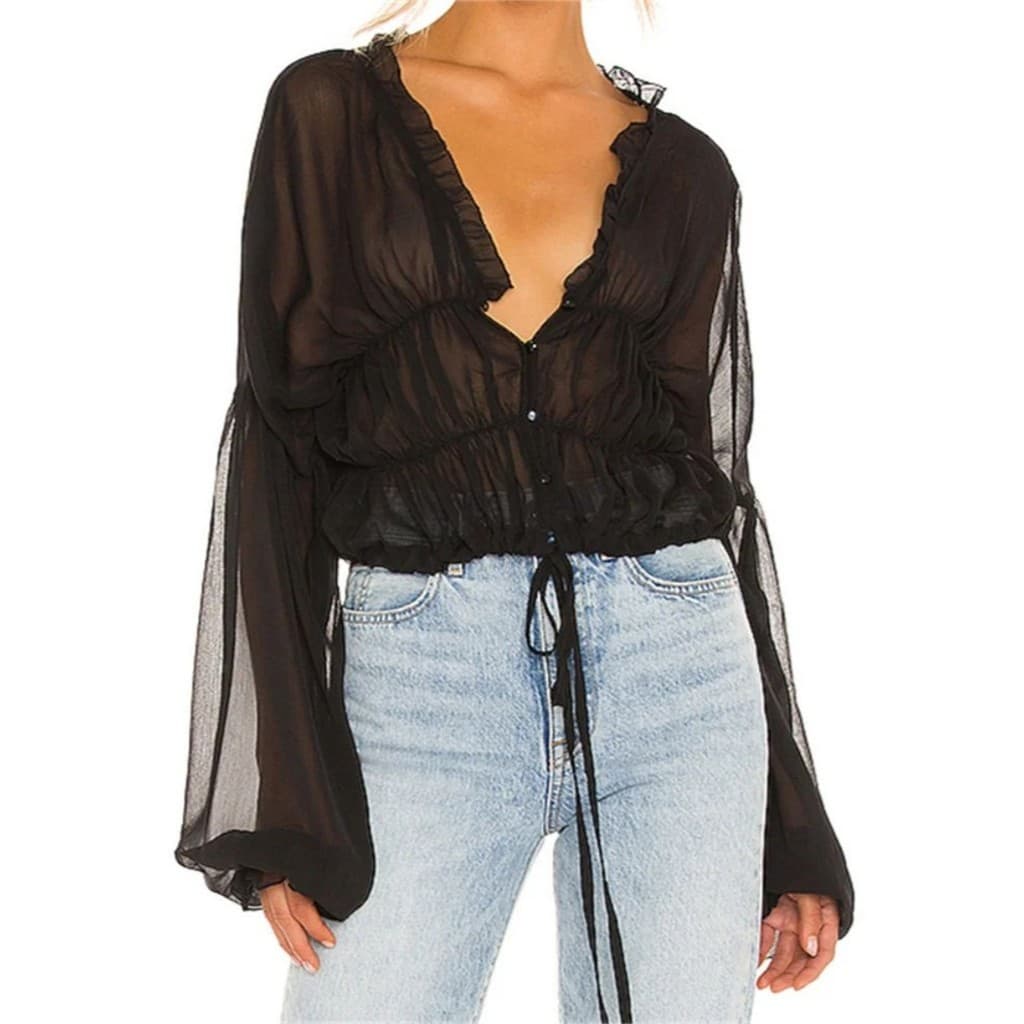 top Feminino Transparente De Manga Comprida Com Cadarço