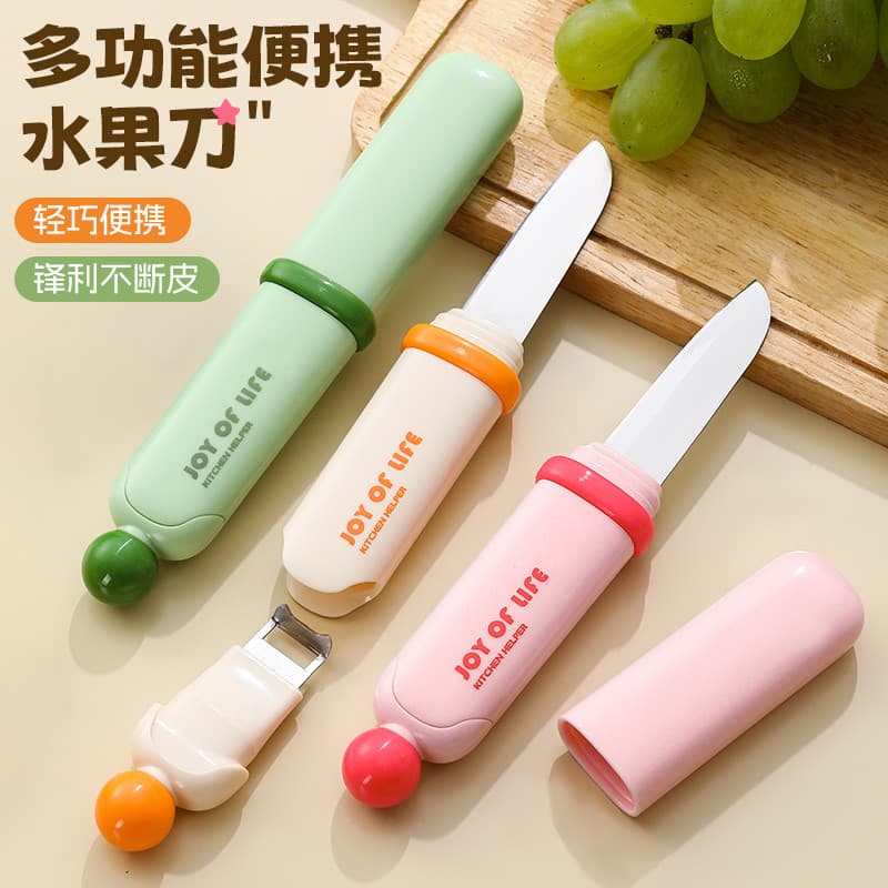 Faca multifuncional para descascar frutas, faca de escavação três em um, portátil, estudante, cozinha doméstica, duas ca