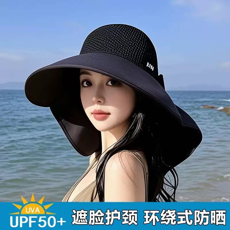 Chapéu de sol xale de aba grande feminino capa rosto Anti-ultravioleta chapéu de sol pode amarrar rabo de cavalo meio va