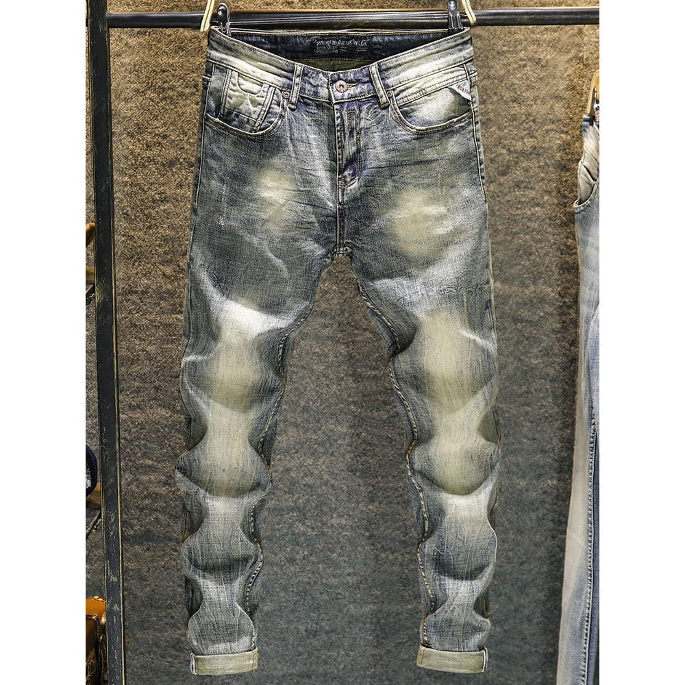 2026 novo estilo High-End Jeans masculino primavera outono estilo em linha reta magro-ajuste pés pequenos inverno velo-