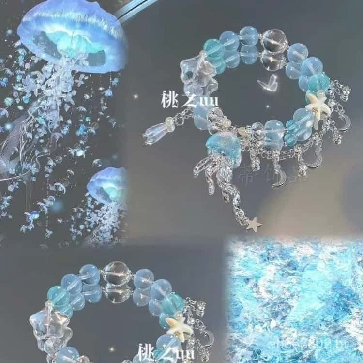 [Água-Viva Flutuante] Pulseira de Contas com Borlas Azuis Frescas de Verão, Presente Temático do Oceano de Alto Valor pa