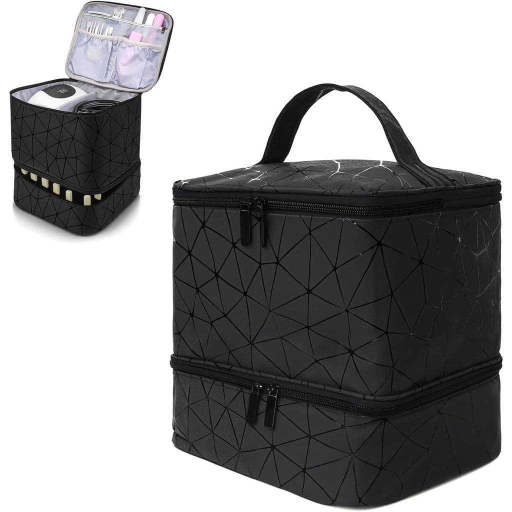 O organizador portátil de esmaltes de dupla camada pode acomodar 30 frascos de esmalte, uma lâmpada de unhas e acessório