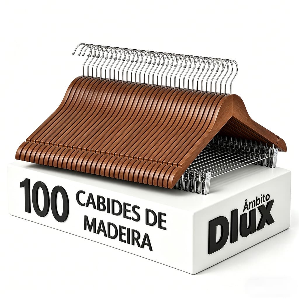 Ambito Dlux 100 Cabides Madeira Com Presilhas Premium Gancho Giratório 360° Para Closet Guarda-Roupa Loja