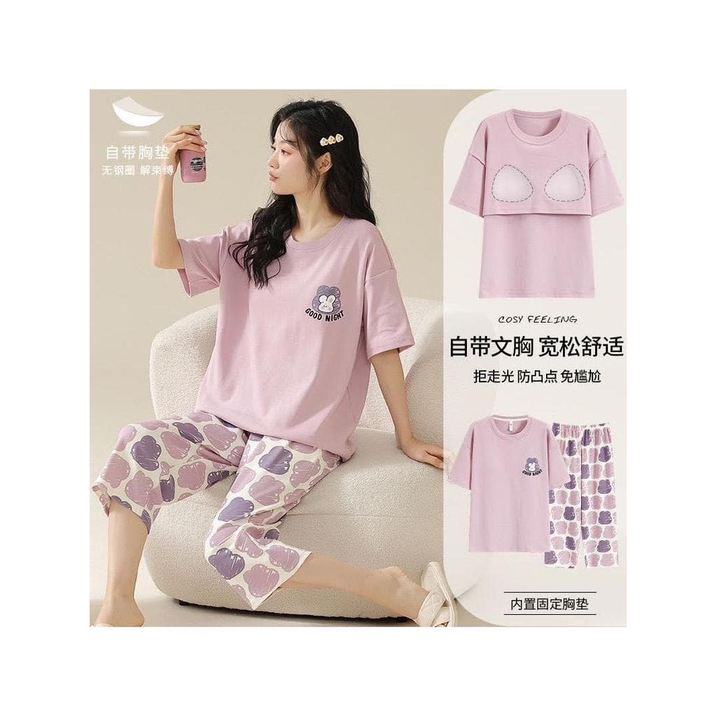 100% pijamas estilo feminino com almofada no peito 2026 novo estilo puro algodão verão calças cortadas de manga curta po
