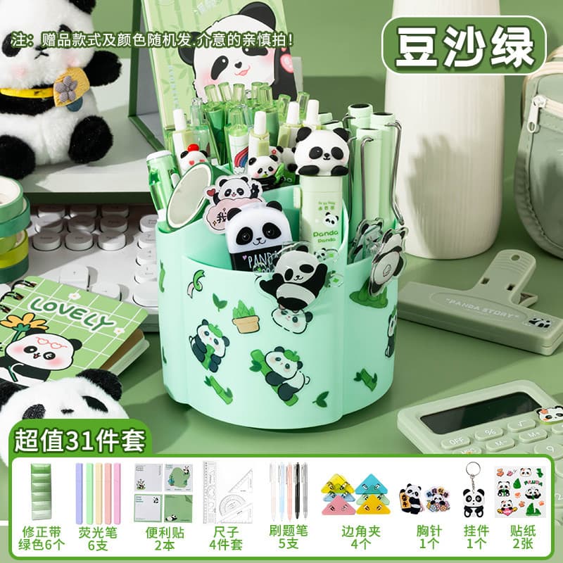 Porta-canetas giratório de cinco grades de grande capacidade de 360 graus Conjunto familiar Panda fofo Caixa organizador