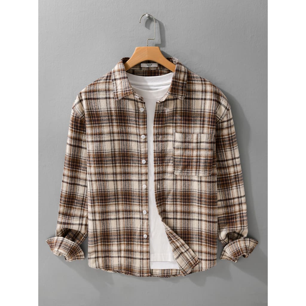 Algodão masculino primavera outono americano Retro xadrez camisa de manga comprida masculina solta High-End camisa Casua