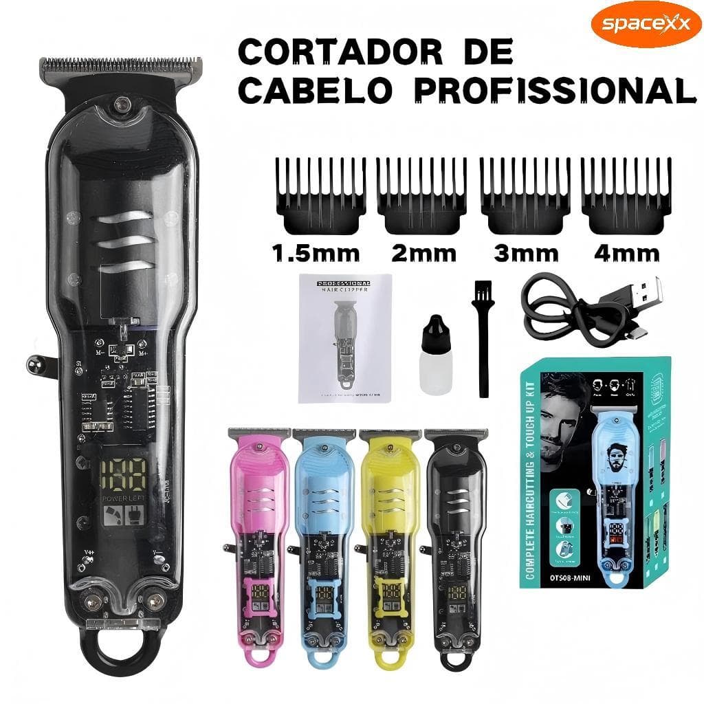 Máquina De Cortar Cabelo Profissional Smart Lcd Barbeador Elétrico Transparente Sem Fio-Spacexx