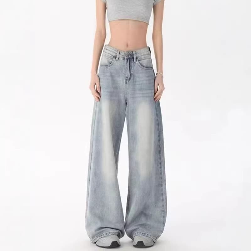 Jeans vintage azul claro retrô para mulheres, primavera-verão, design solto estilo americano, calças largas de comprimen