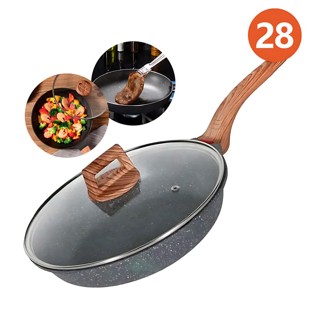 28CM Frigideira Universal Antiaderente Indução de Alumínio Revestimento Cerâmico Premium Cabo Madeira