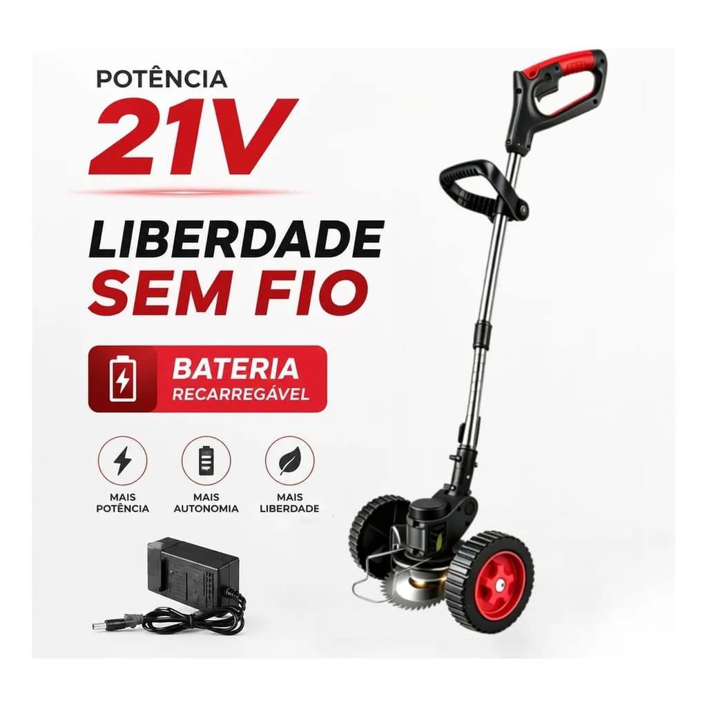 Aparador De Grama Sem Fio Rodinhas Acessórios 2 Baterias 21v